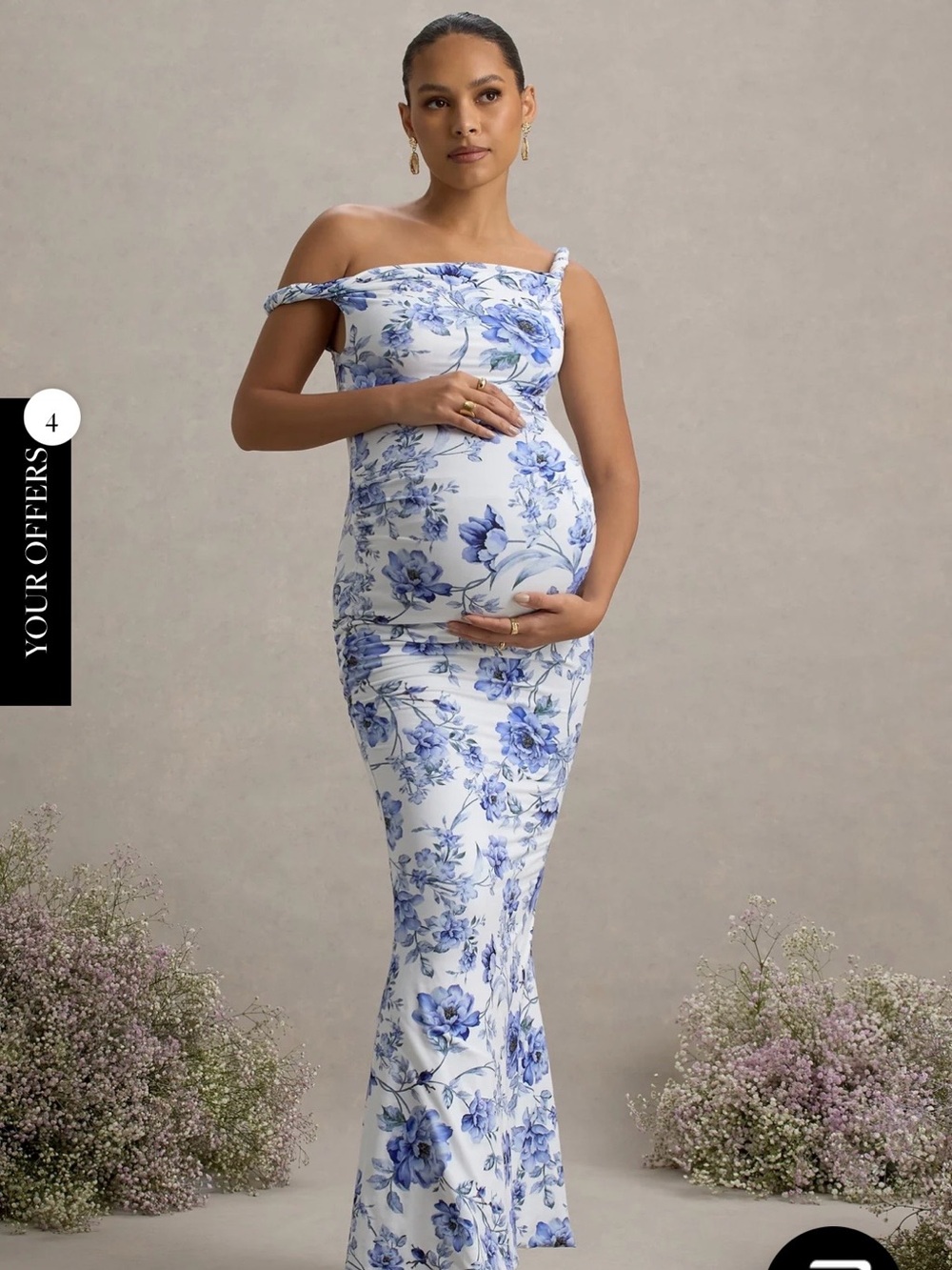 Club L London White and Blue One-Shoulder Floral Maternity Dress